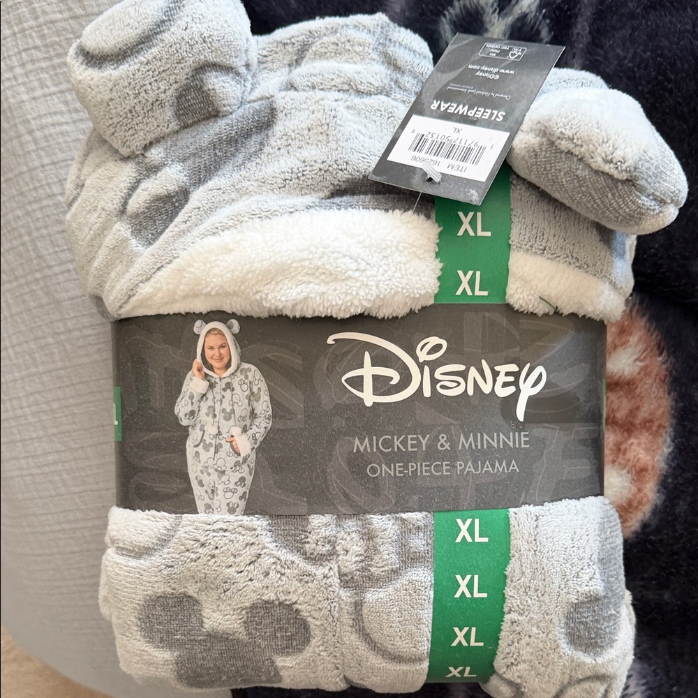 Disney Gray and White Mickey & Minnie Plush One-Piece Pajama XL